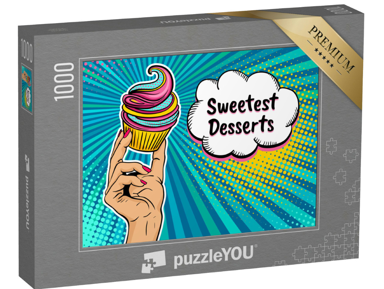 Puzzel 1000 stukjes „Pop kunstachtergrond met vrouwelijke hand en cupcake“