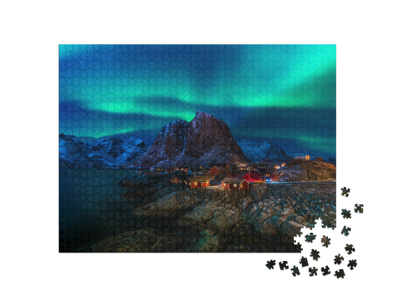 Puzzel 1000 stukjes „Noorderlicht in een klein vissersdorpje in Noorwegen“