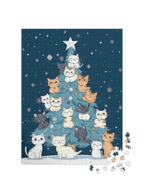 Puzzel 1000 stukjes „Illustration hivernale : arbre de Noël plein de chats mignons“