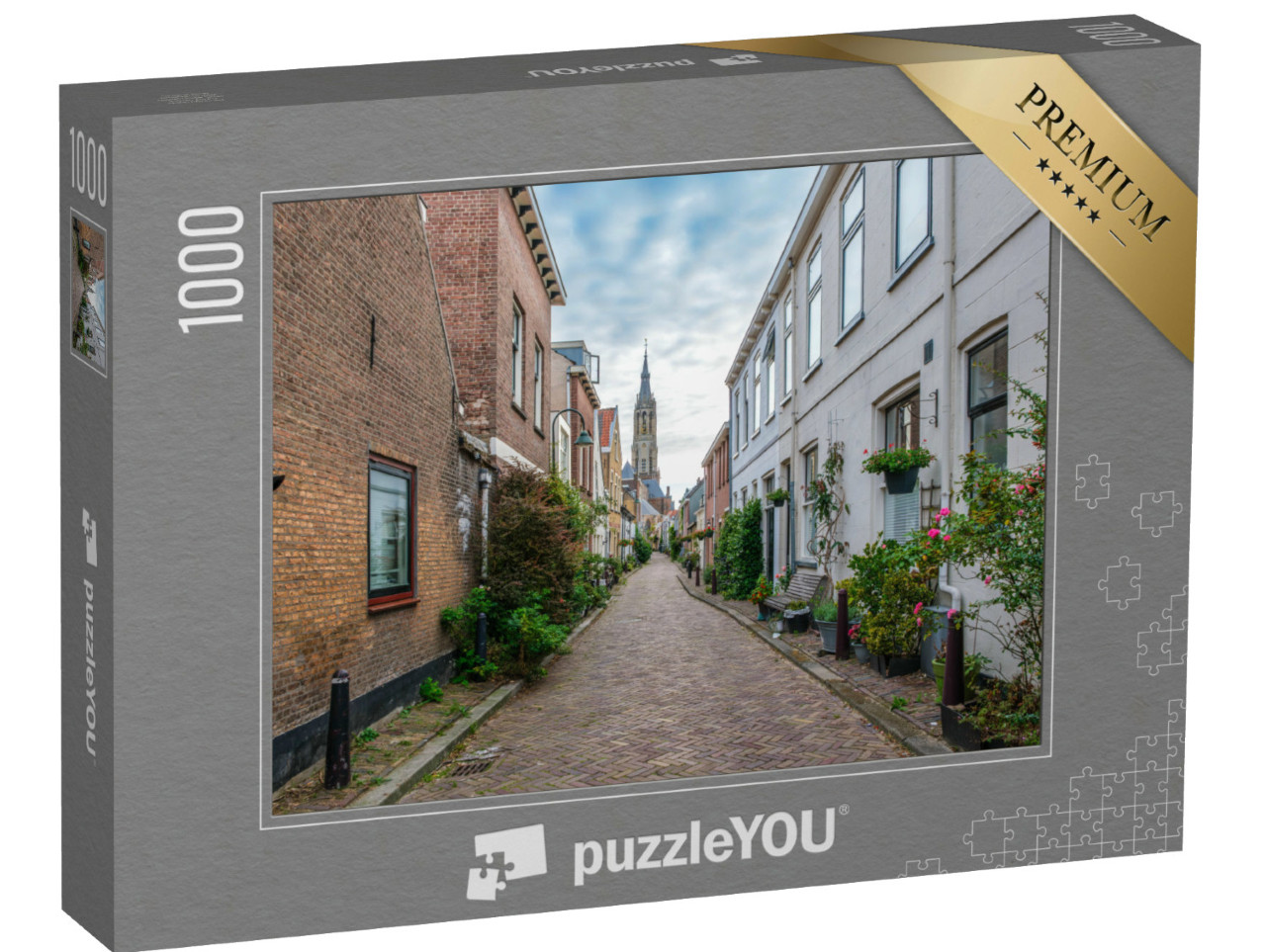 Puzzel 1000 stukjes „Stadsgezicht van Delft met uitzicht op de toren van de beroemde Nieuwe Kerk“