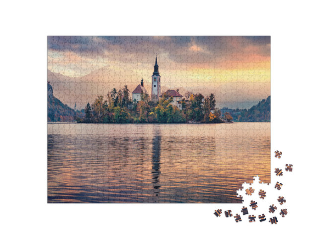 Puzzel 1000 stukjes „Bedevaartskerk aan het meer van Bled, Slovenië, Europa“