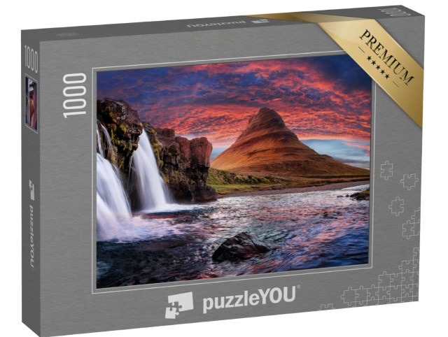 Puzzel 1000 stukjes „Majestueuze kerkberg en watervallen in IJsland“