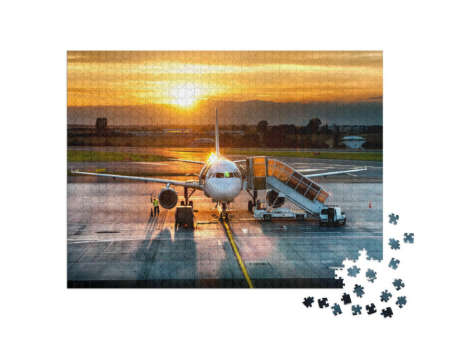 Puzzel 1000 stukjes „Passagiersvliegtuig op de startbaan bij zonsondergang“