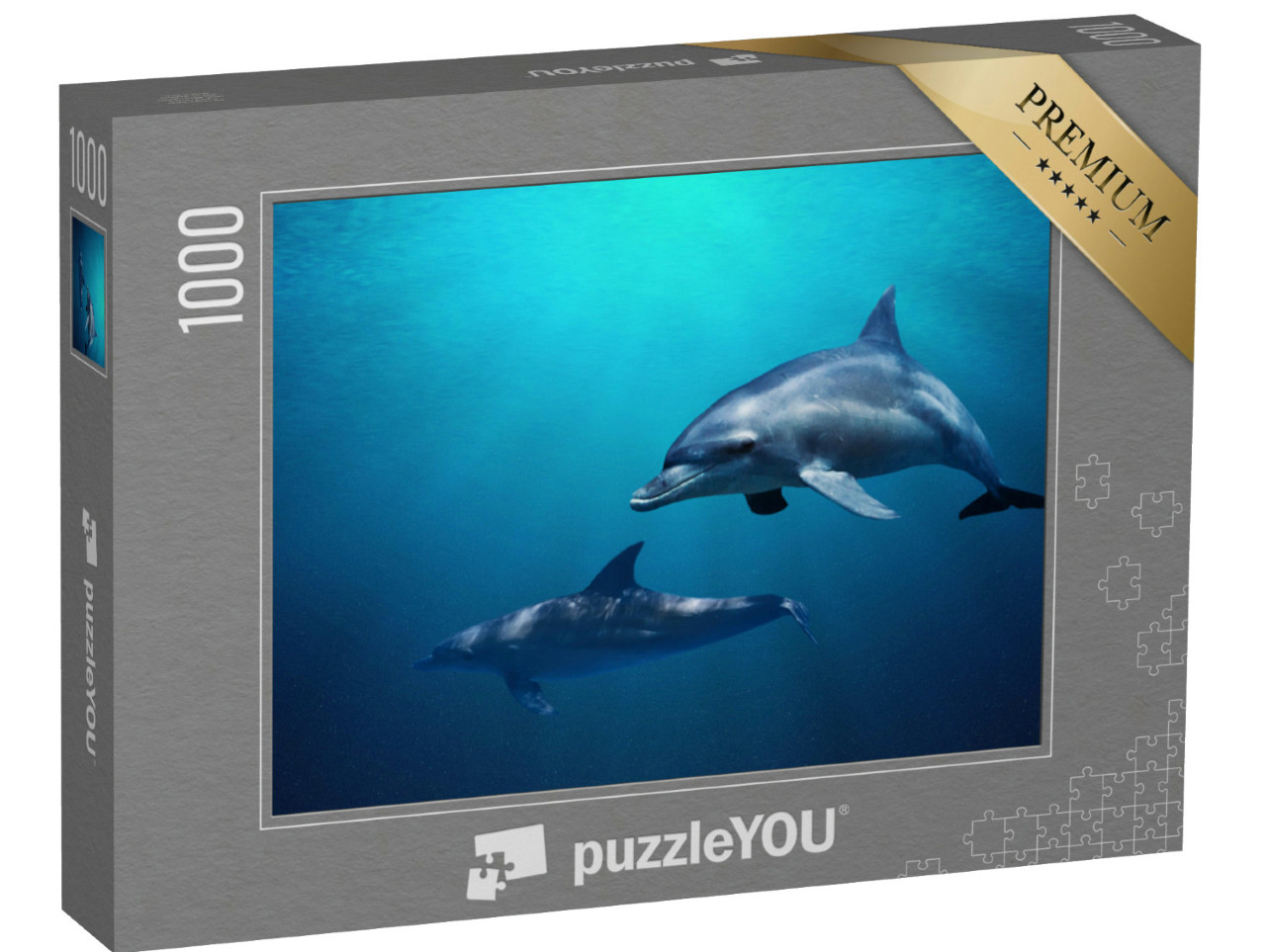 Puzzel 1000 stukjes „Twee dolfijnen zwemmen door blauw water“