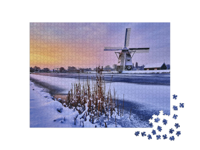 Puzzel 1000 stukjes „Nederlandse windmolen in de sneeuw“