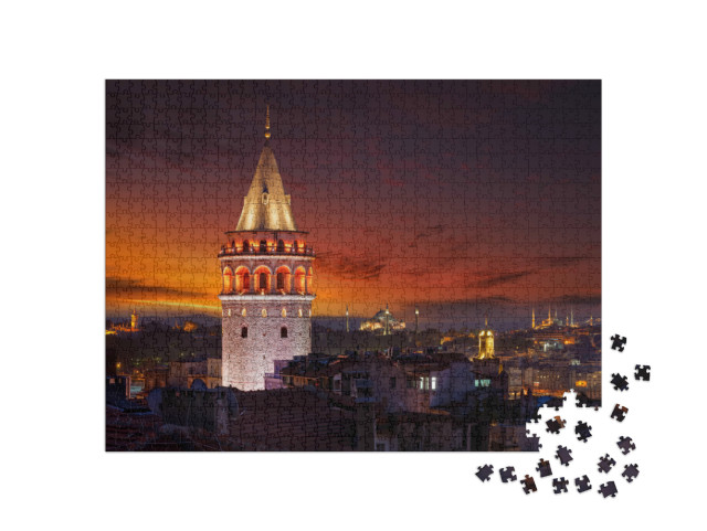 Puzzel 1000 stukjes „Galatatoren 's avonds verlicht, Istanbul, Türki“