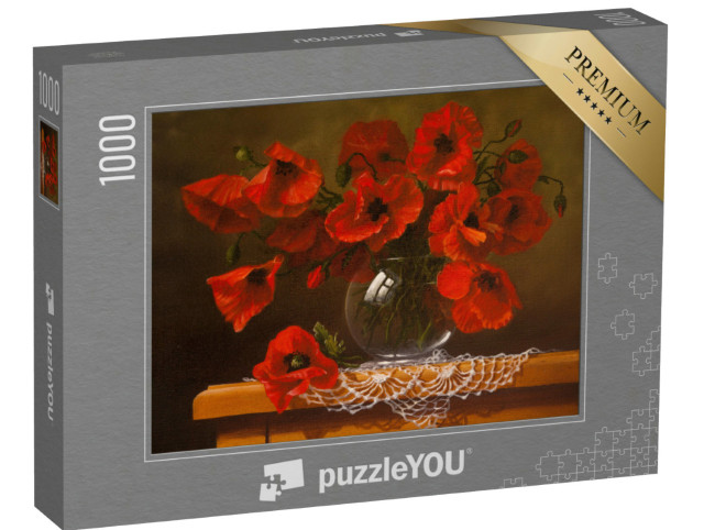Puzzel 1000 stukjes „Klaprozen in een glazen vaas als olieverfschilderij“