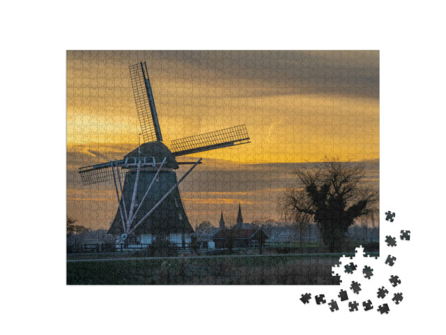 Puzzel 1000 stukjes „Abcoude, traditionele windmolen bij zonsondergang“