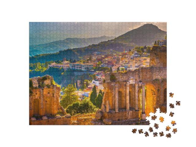 Puzzel 1000 stukjes „Ruïnes van Taormina: Theater bij zonsondergang, Sicilië, Italië“