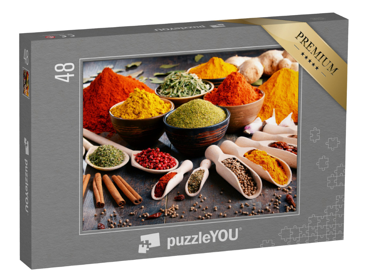 Puzzel 48 stukjes „Een verscheidenheid aan specerijen en kruiden op de keukentafel“