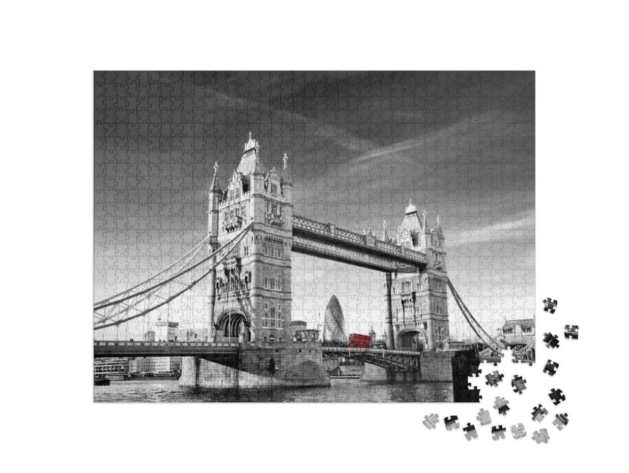 Puzzel 1000 stukjes „Tower Bridge in Londen met Gherkin en Routmaster bus“