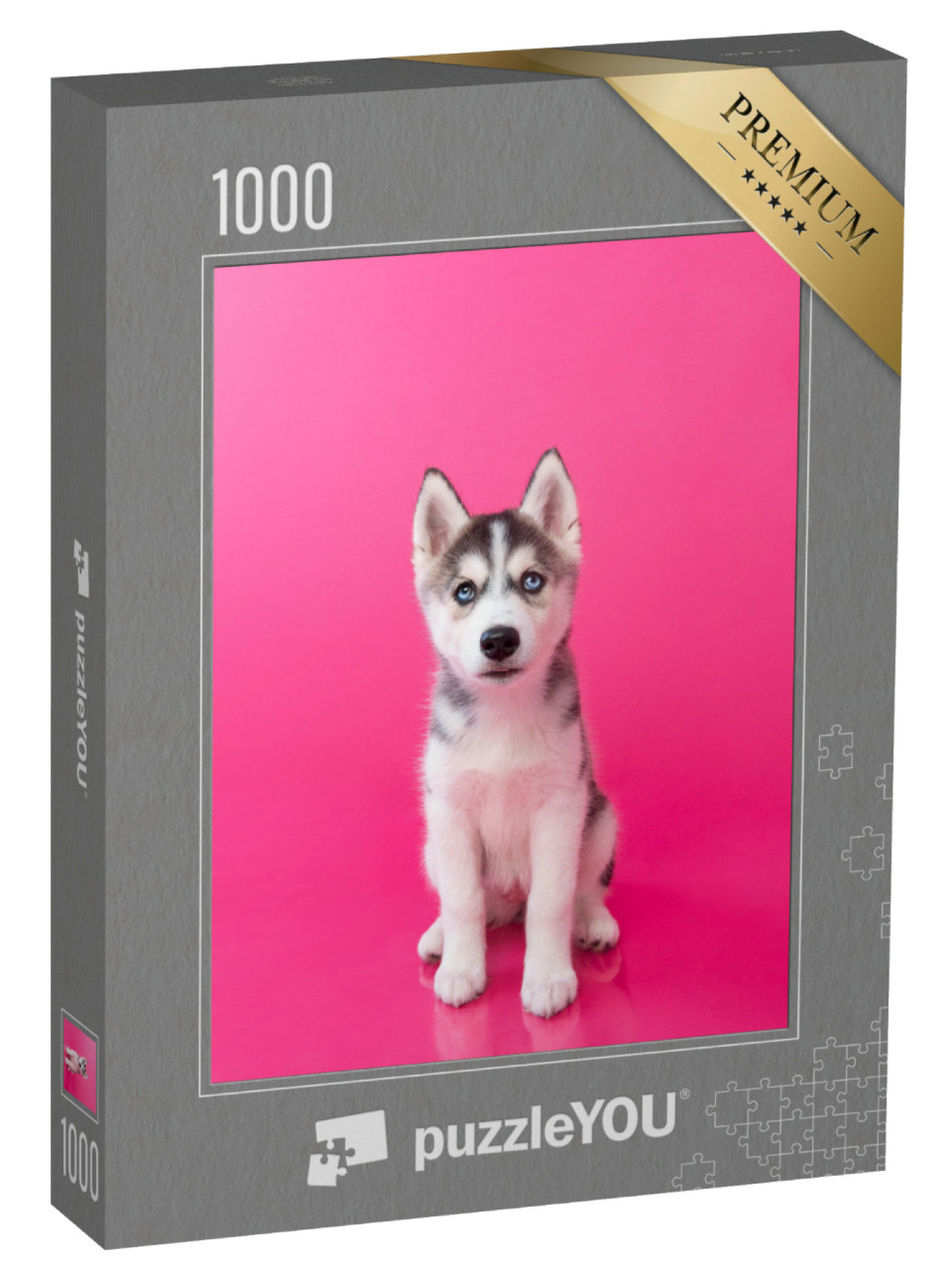Puzzel 1000 stukjes „Husky puppy voor een roze achtergrond“