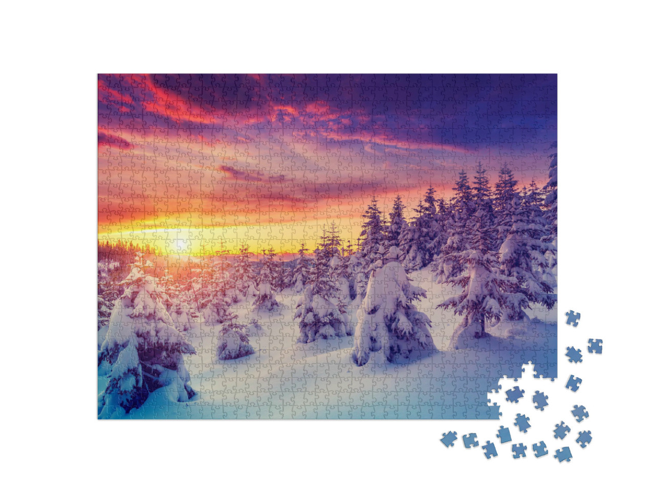 Puzzel 1000 stukjes „Fantastisch sneeuwlandschap in het avondlicht, Karpaten, Oekraïne, Europa“