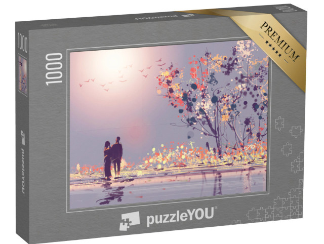 Puzzel 1000 stukjes „Paar in de schoonheid van de zonsondergang“