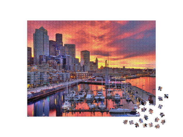 Puzzel 1000 stukjes „Zonsopgang over het havengebied van Pier-66“