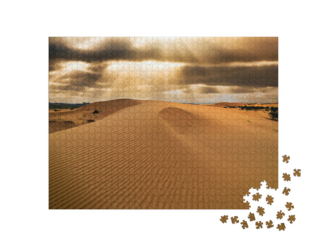 Puzzel 1000 stukjes „Zonsondergang boven de zandduinen in de Sahara“