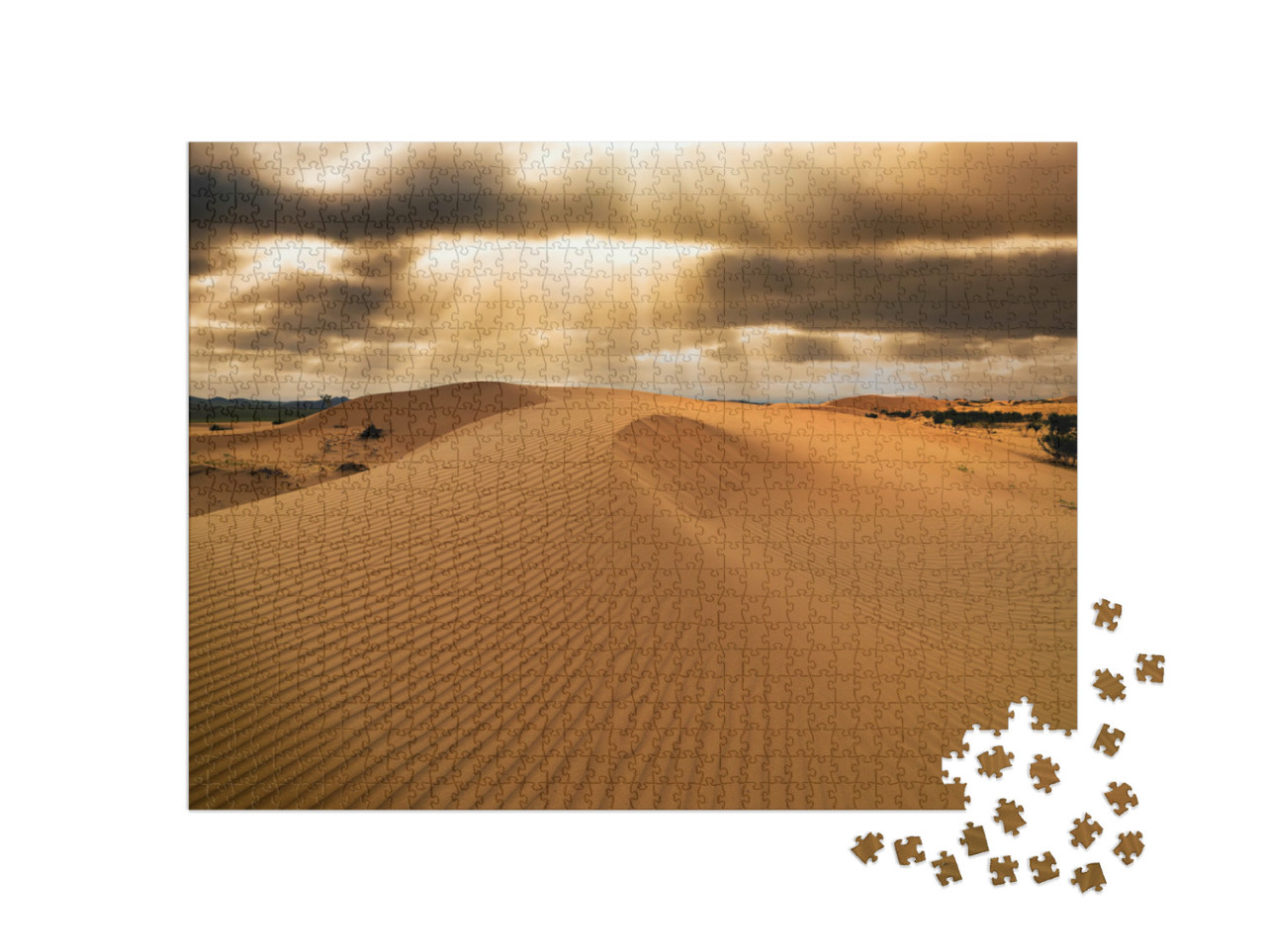 Puzzel 1000 stukjes „Zonsondergang boven de zandduinen in de Sahara“