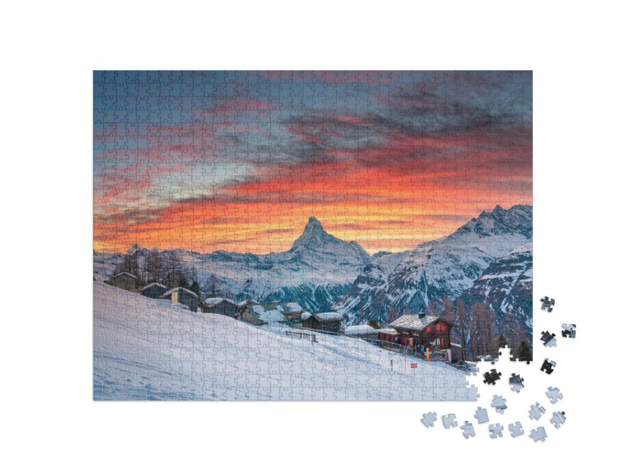 Puzzel 1000 stukjes „Prachtig uitzicht op de besneeuwde huizen in het dorp“