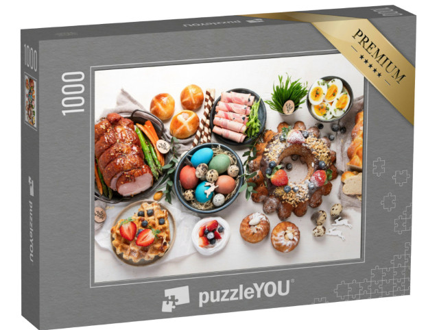 Puzzel 1000 stukjes „Traditioneel paasdiner met ham, kleurrijke eieren en cake“
