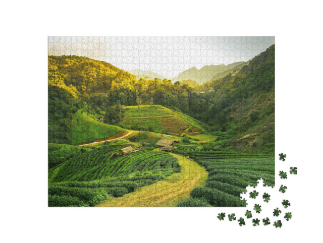 Puzzel 1000 stukjes „Uitzicht op een theeplantage bij zonsopgang“