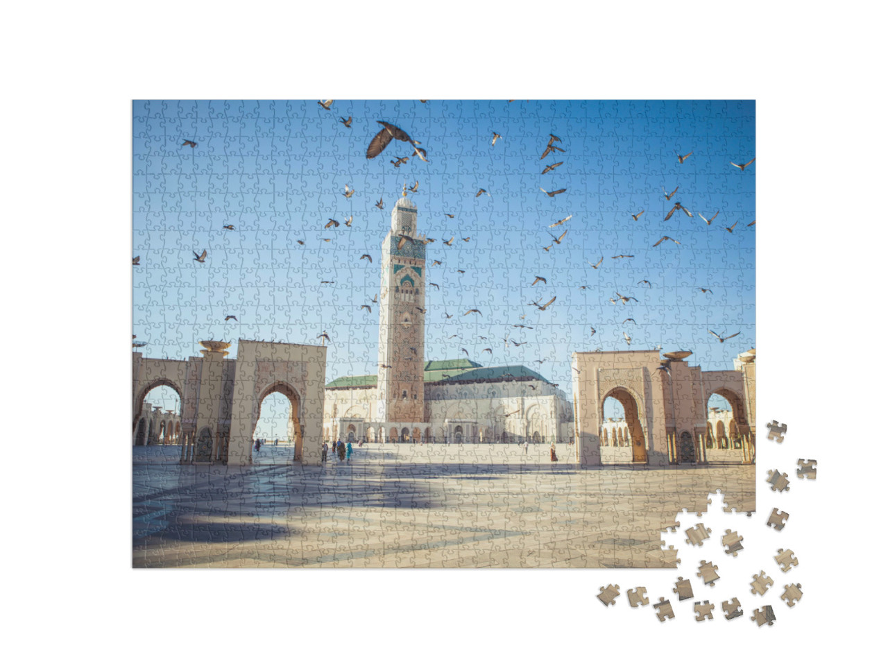 Puzzel 1000 stukjes „Duiven boven de Hassan II moskee in Casablanca, Marokko“