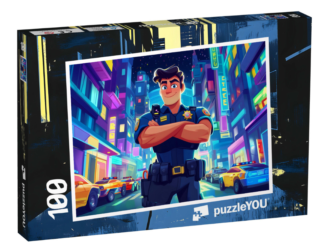 Puzzel 100 stukjes „Blauw licht alarm tussen de wolkenkrabbers“
