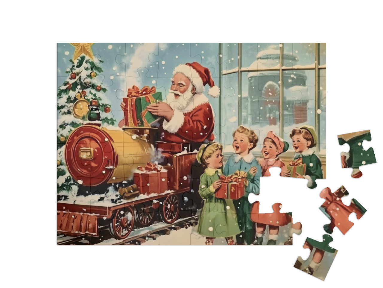 Puzzel 48 stukjes „Motif de Noël vintage : Père Noël avec des enfants qui chantent“