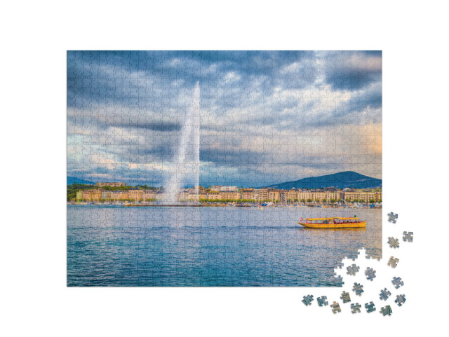 Puzzel 1000 stukjes „Fontein van de Jet d'Eau in het havengebied van Genève, Zwitserland“