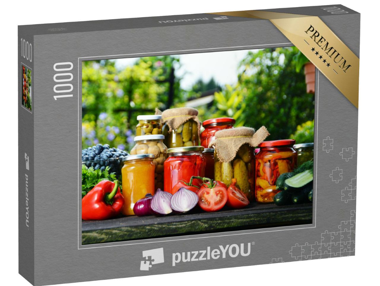 Puzzel 1000 stukjes „Potten met heerlijke ingemaakte groenten in de tuin“