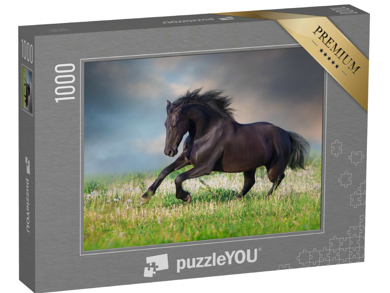 Puzzel 1000 stukjes „Fries paard in galop op een lentegroene weide“