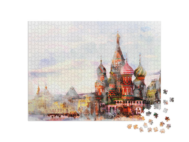 Puzzel 1000 stukjes „Aquarel van Moskou bij zonsondergang“