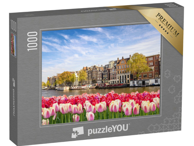 Puzzel 1000 stukjes „Stadssilhouet van Amsterdam met lentetulpen, Nederland“