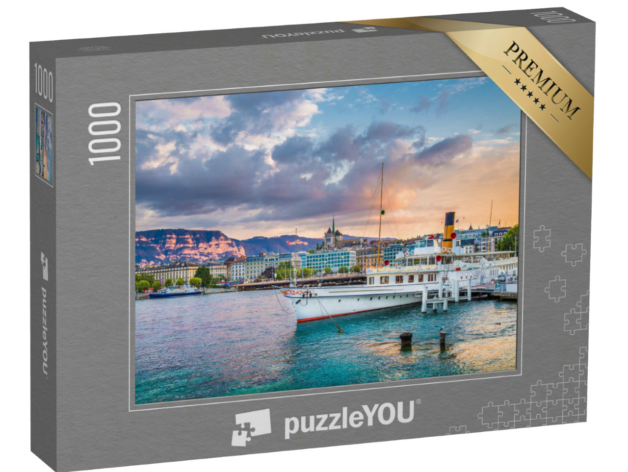Puzzel 1000 stukjes „Panoramisch uitzicht op het centrum van Genève en het meer van Genève, Zwitserland“