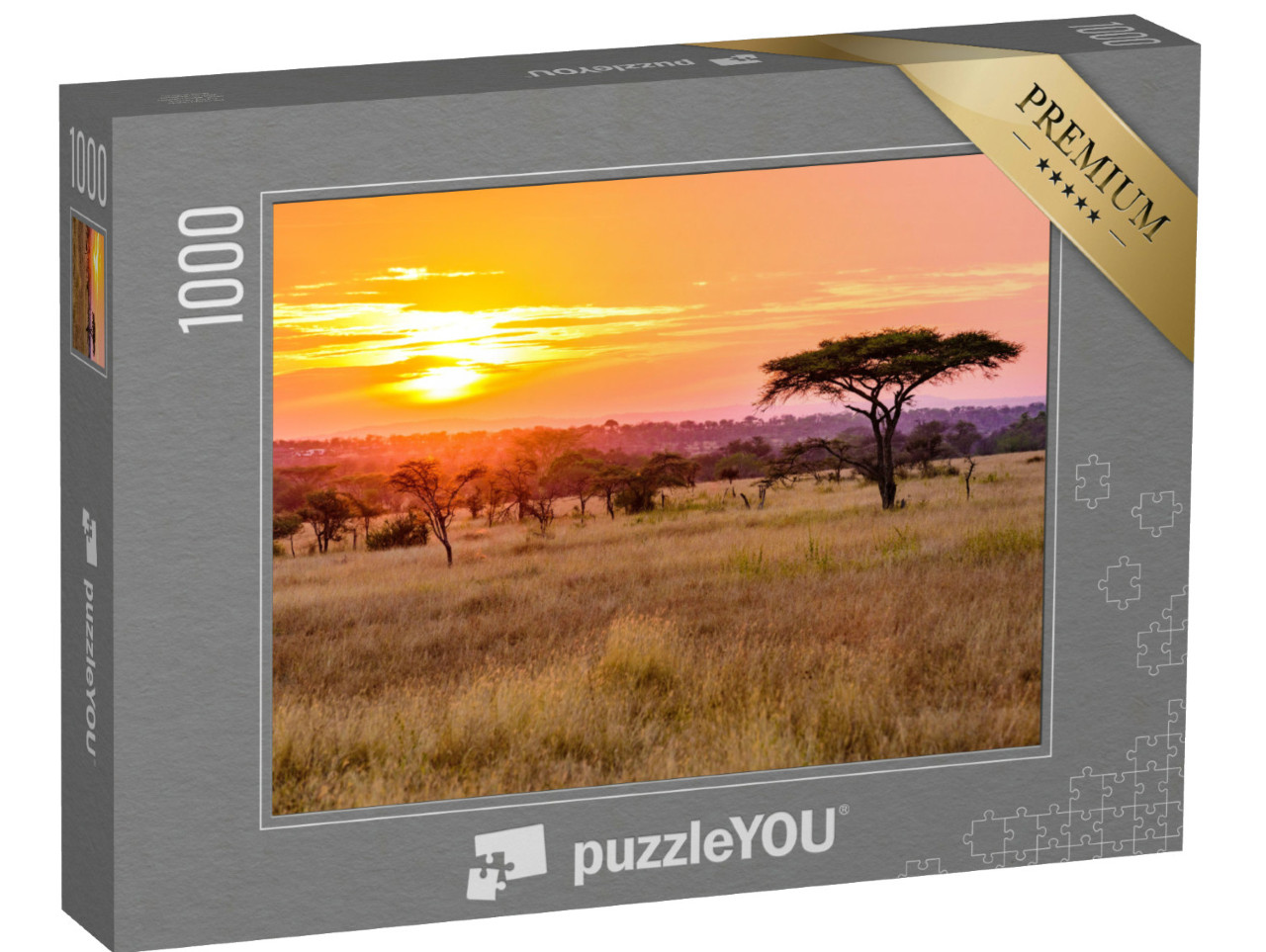 Puzzel 1000 stukjes „Zonsondergang in de Afrikaanse savanne met acaciabomen, Tanzania“