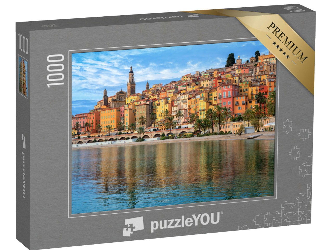 Puzzel 1000 stukjes „Kleurrijke huizen en zandstrand: uitzicht op Menton, Rivièra, Frankrijk“
