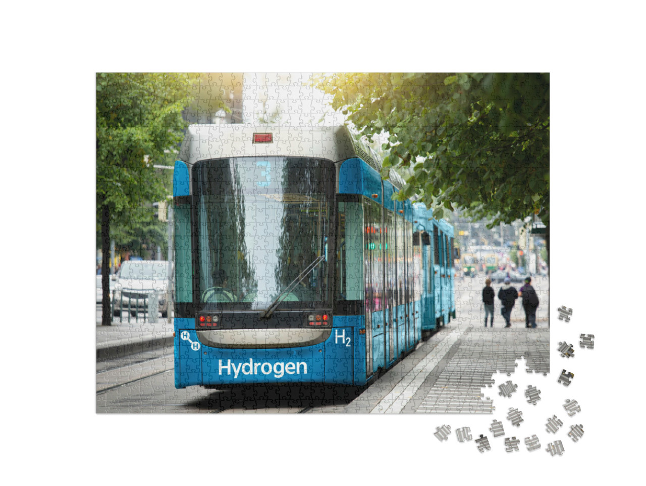 Puzzel 1000 stukjes „Een tram met waterstofcel staat geparkeerd bij het station“