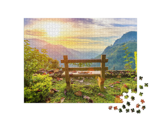 Puzzel 1000 stukjes „Een bankje met uitzicht op de prachtige bergvallei bij zonsopgang, Ella, Sri Lanka“