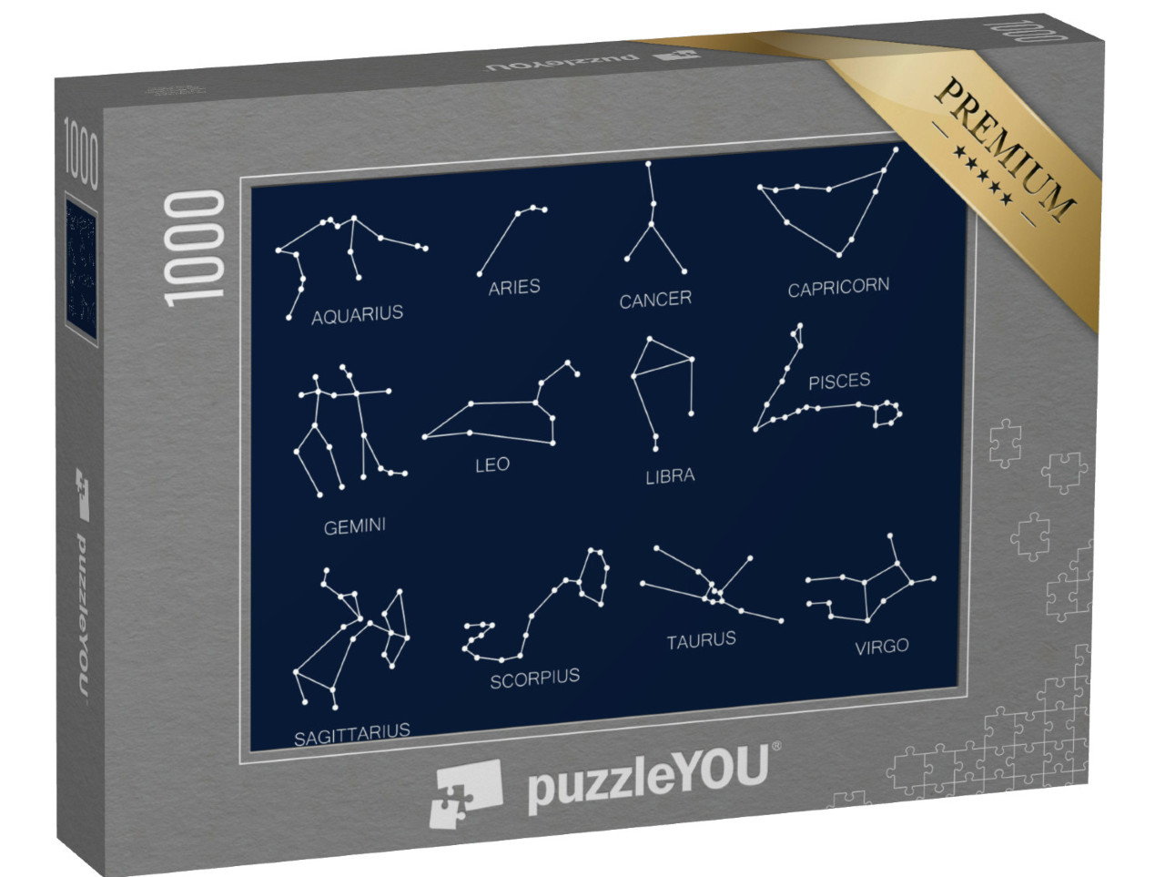 Puzzel 1000 stukjes „Sterrenbeelden, twaalf tekens van de dierenriem, blauwe achtergrond“