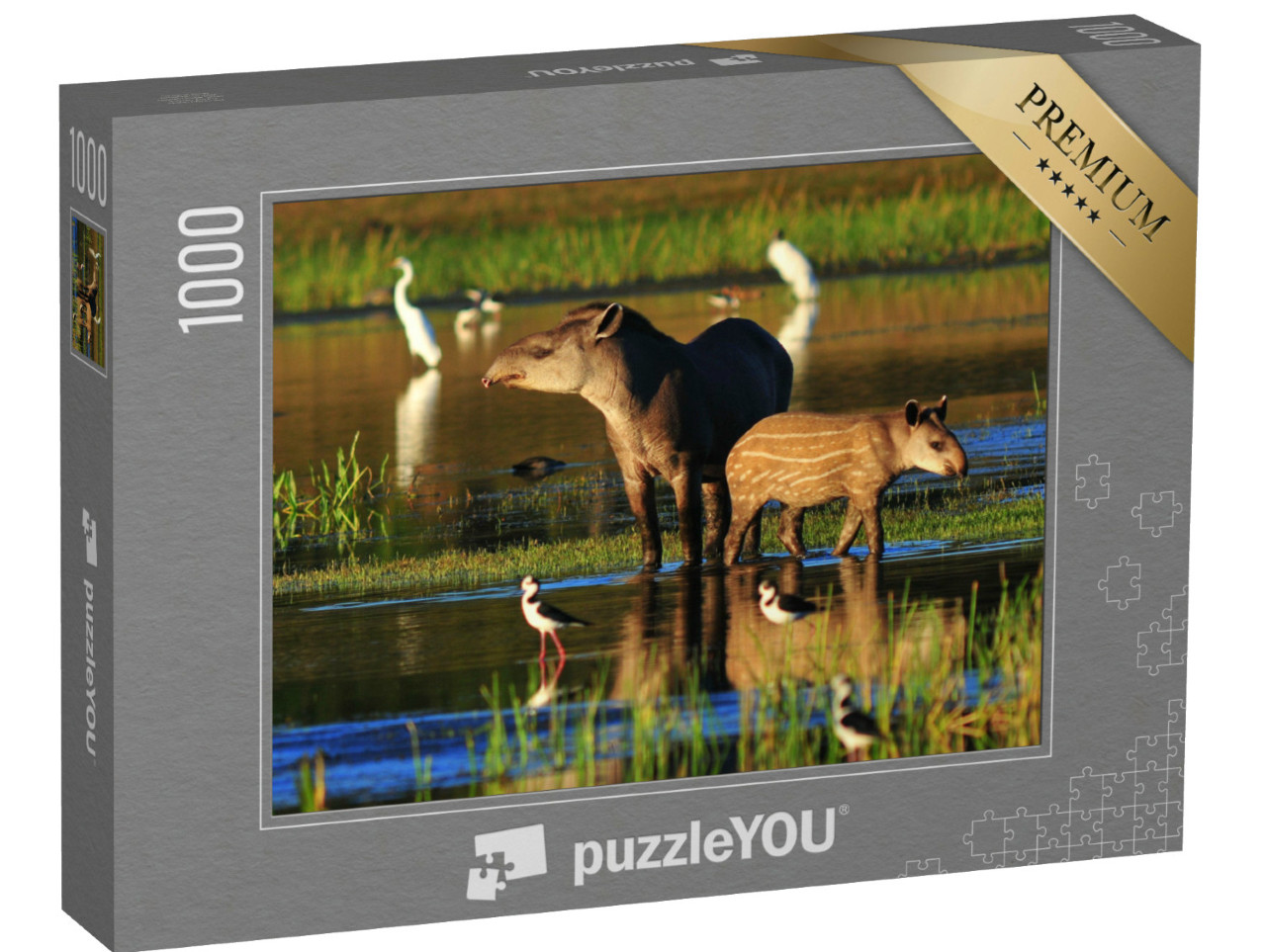 Puzzel 1000 stukjes „Tapir moeder met baby bij een drinkplaats“