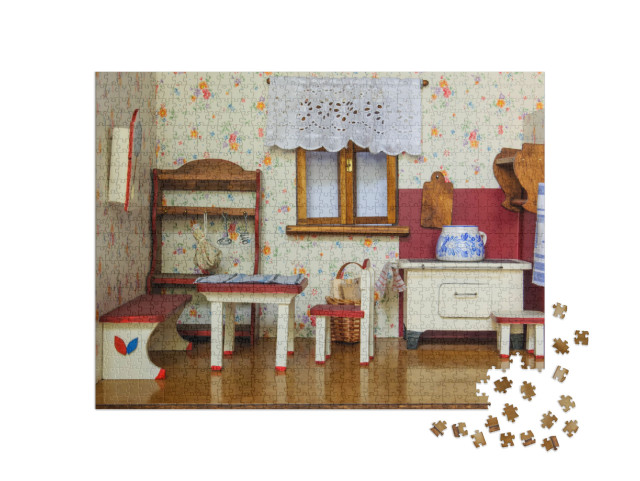 Puzzel 1000 stukjes „Detail van een woonkamer in een retro poppenhuis“