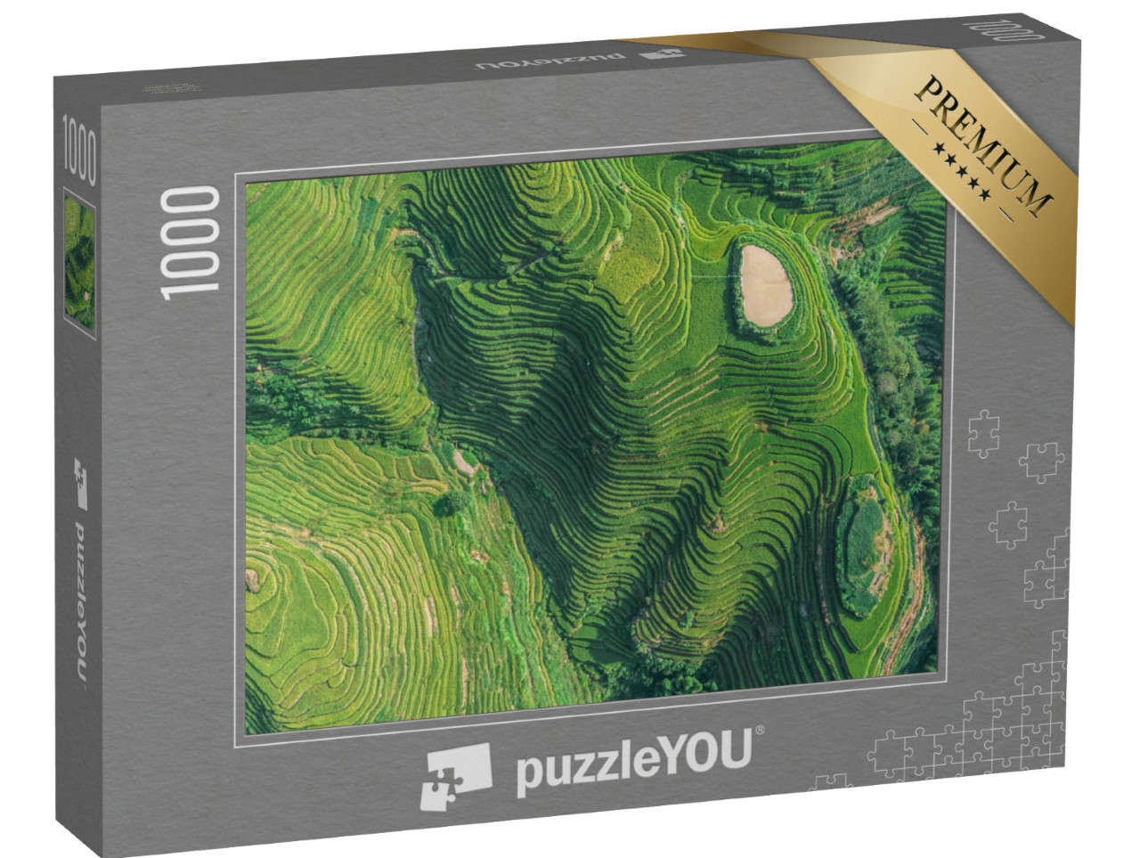 Puzzel 1000 stukjes „Luchtfoto van groene en gele rijstvelden in China“