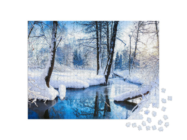 Puzzel 1000 stukjes „Betoverend rivierlandschap in het winterse bos“