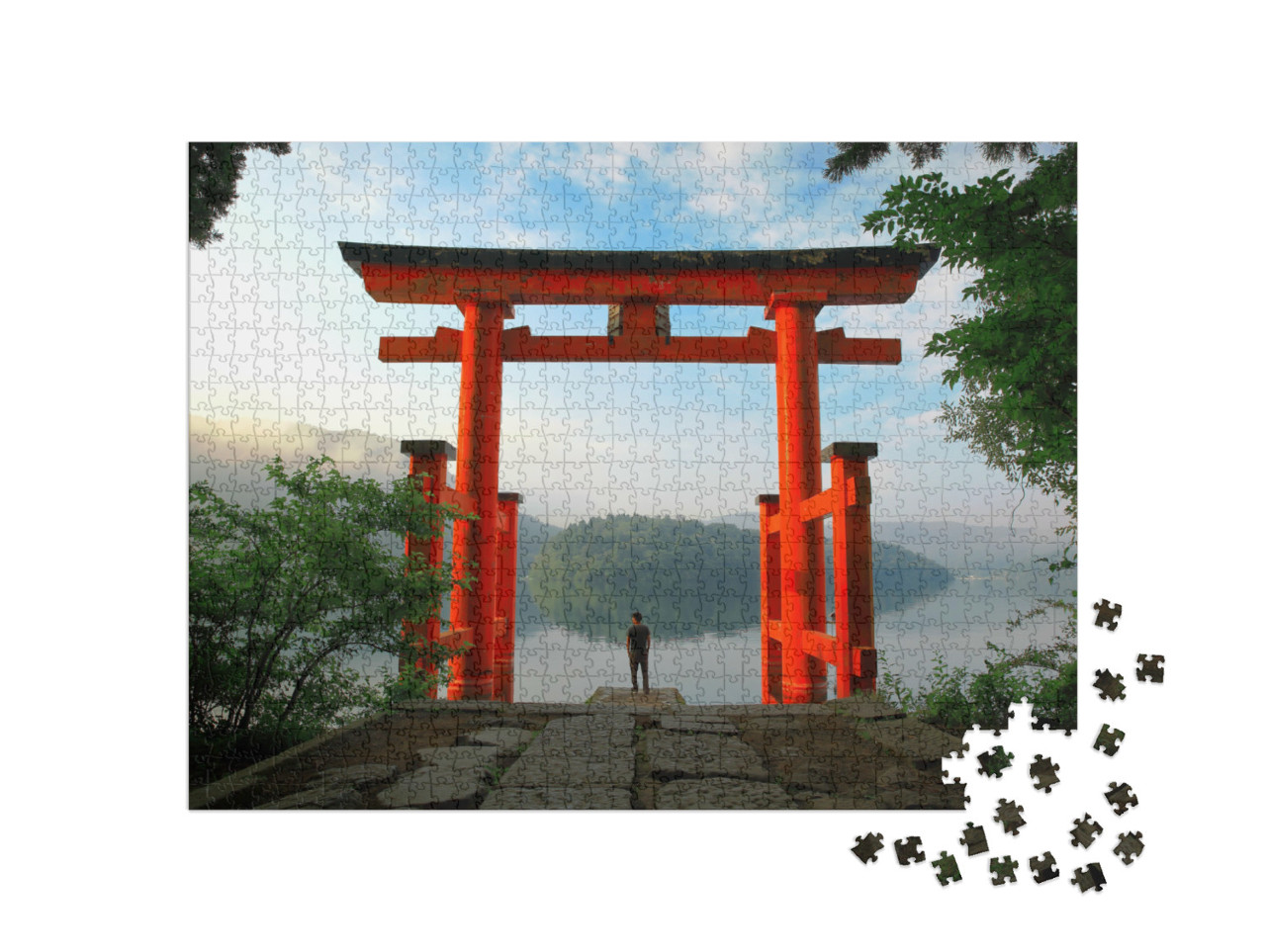 Puzzel 1000 stukjes „Torii poort van het Hakone heiligdom aan het Ashimeer in Japan“