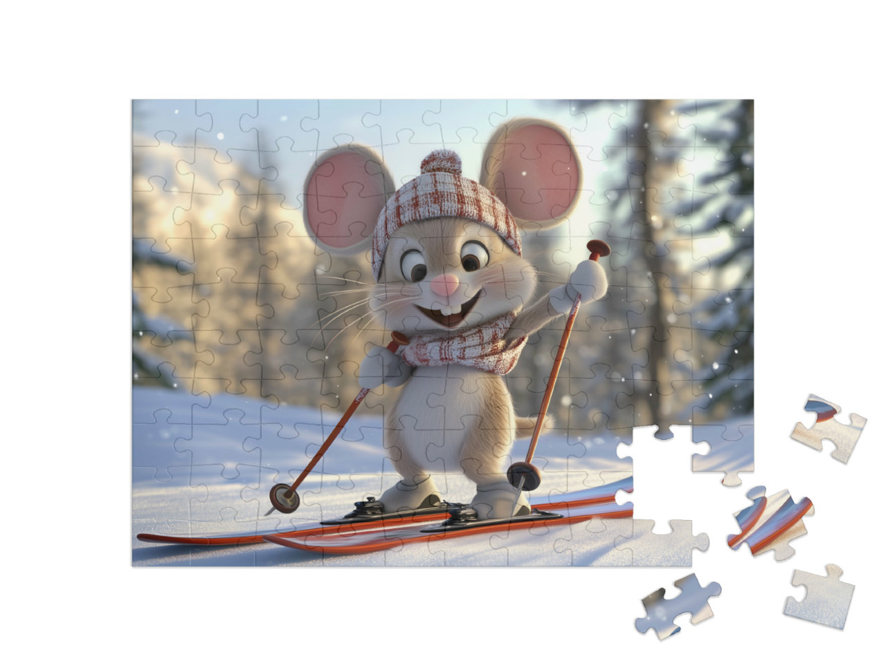 Puzzel 100 stukjes „Mausi Moritz gaat skiën“