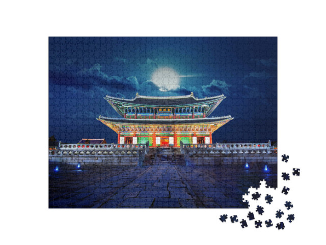 Puzzel 1000 stukjes „Volle maan boven het Gyeongbokgung Paleis, Seoul, Zuid-Korea“