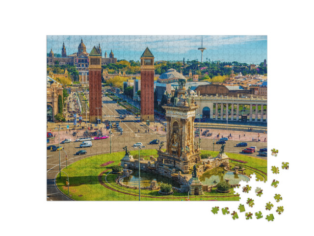 Puzzel 1000 stukjes „Luchtfoto van Barcelona, Placa d'Espanya en Palau National, Spanje“