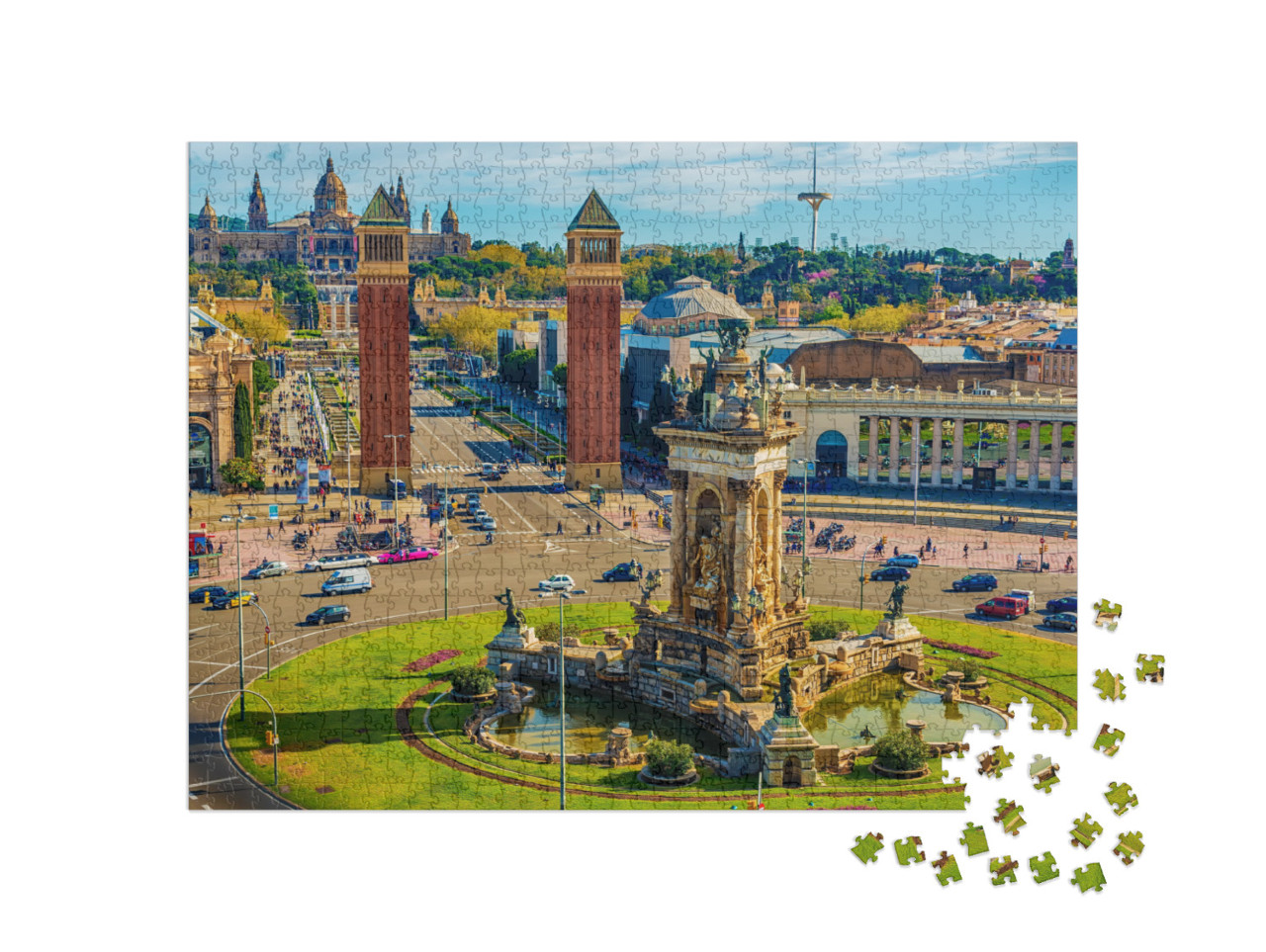 Puzzel 1000 stukjes „Luchtfoto van Barcelona, Placa d'Espanya en Palau National, Spanje“
