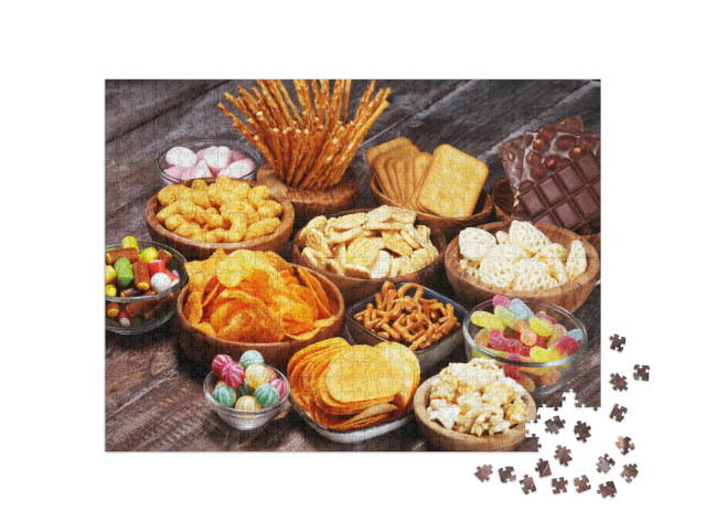 Puzzel 1000 stukjes „Klaar voor de feestavond: kleurrijke selectie snacks“