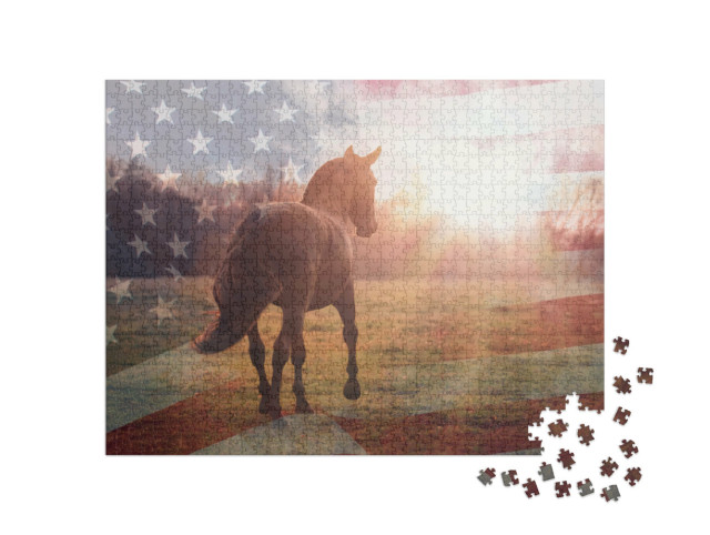 Puzzel 1000 stukjes „Portret van een Amerikaans quarter horse met de vlag van de VS“