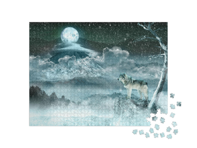Puzzel 1000 stukjes „Maanwolf in een wit winterlandschap“
